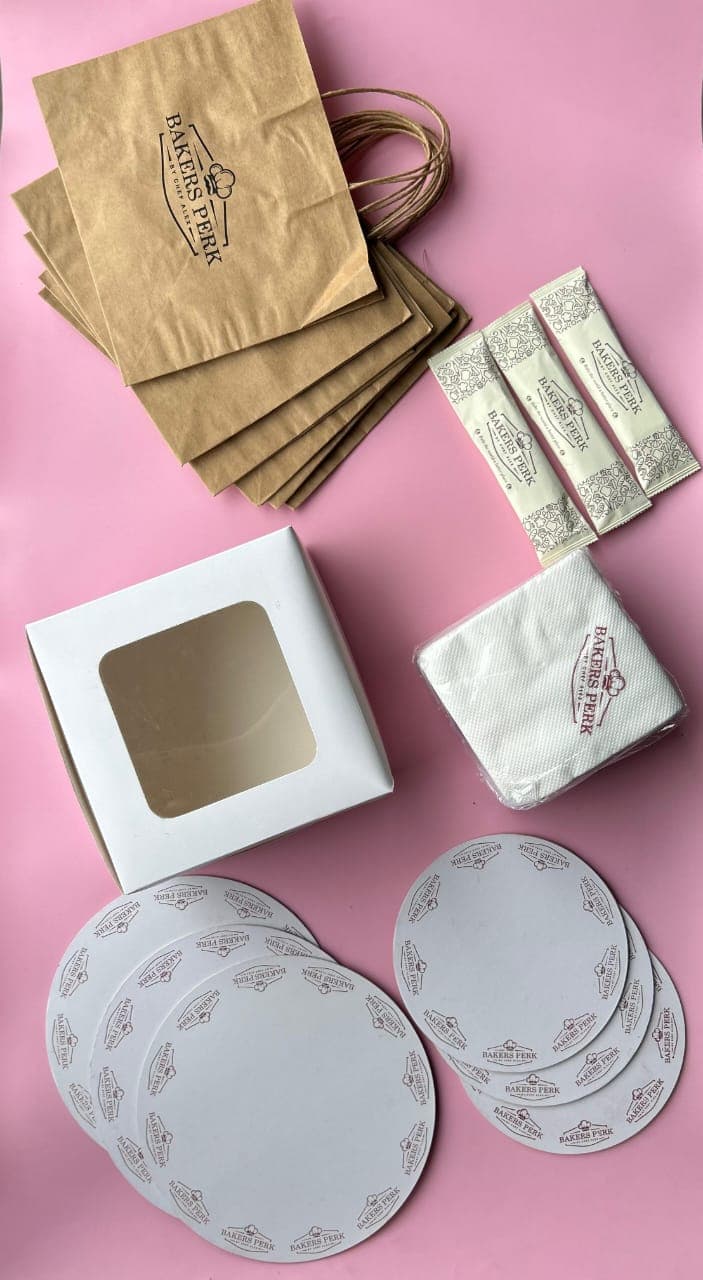 Bakers Perk branded bags, boxes and napkins